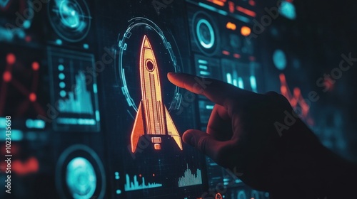 Hand touching virtual screen with glowing space rocket photo