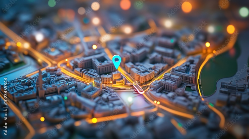 Fototapeta premium A stylized city map with a location marker, showcasing urban layout and navigation.