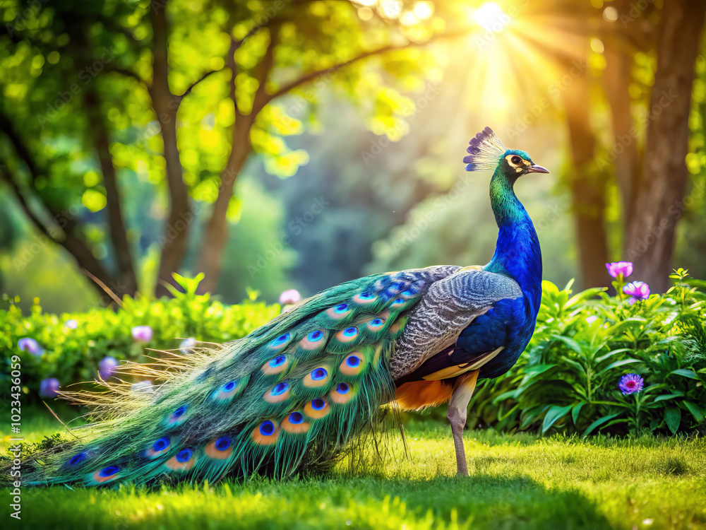 Obraz premium vibrant blue peacock showcasing its stunning plumage in lush garden, illuminated by soft sunlight filtering through trees, creates serene and enchanting atmosphere