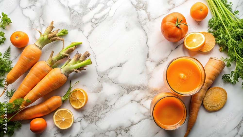 Healthy orange carrot and ginger juice on white marble background seen from above Healthy orange carrot and ginger juice on white marble background seen from above