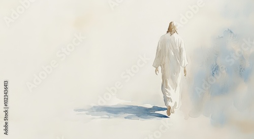 Watercolor Painting of a Man in White Robes Walking Away photo