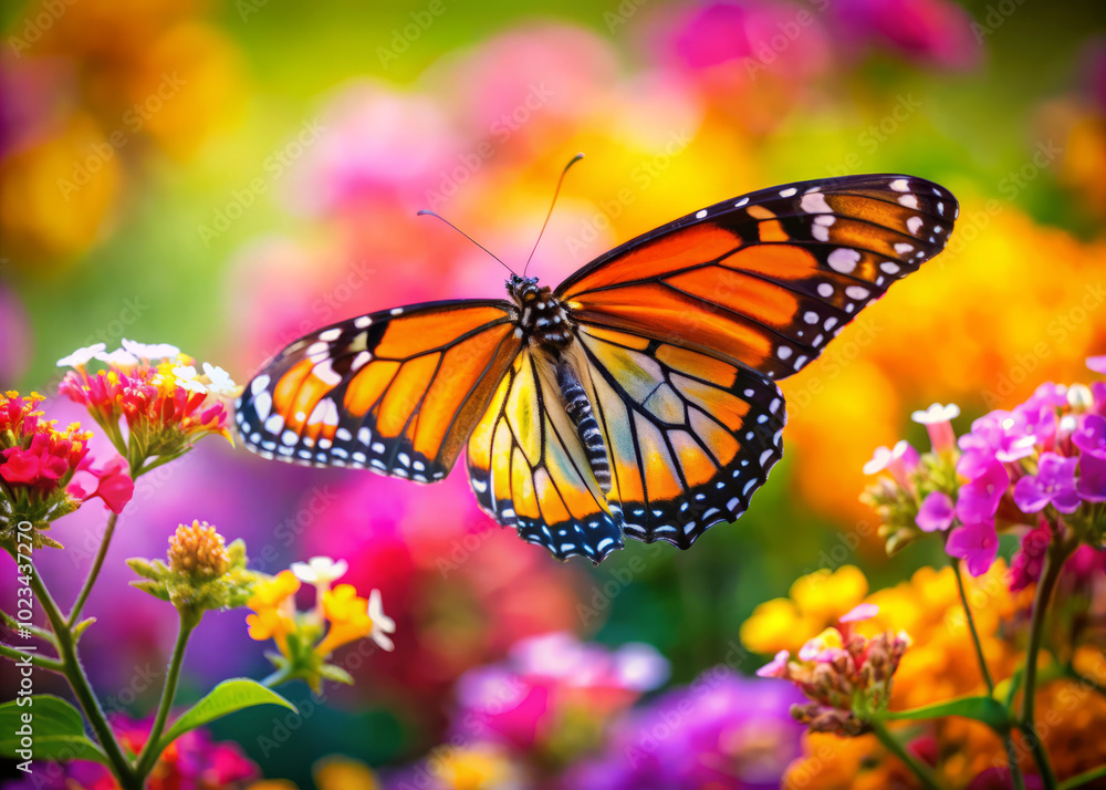 Obraz premium vibrant butterfly flutters gracefully among variety of blooming flowers, showcasing its stunning orange and black wings against colorful backdrop. scene evokes sense of joy and tranquility