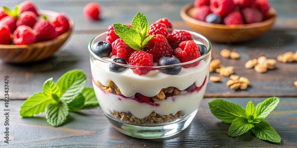 Healthy yogurt dessert with muesli, raspberries, black currants Healthy yogurt dessert with muesli, raspberries, black currants