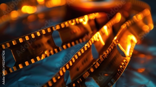 A close-up view reveals a celluloid film strip glowing warmly as it is held against a shimmering surface, showcasing the beauty of analog media