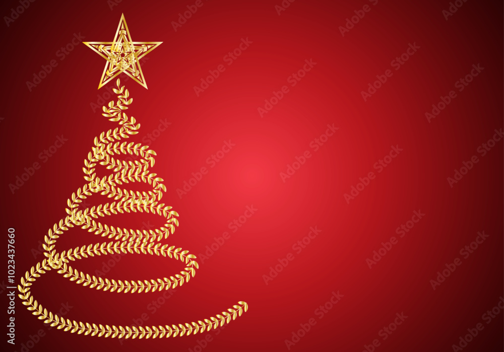 Árbol de navidad dorado con estrellas sobre fondo de degradado rojo Árbol de navidad dorado con estrellas sobre fondo de degradado rojo