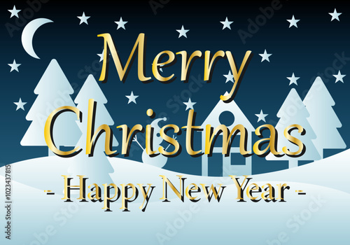 Felicitación de navidad y año nuevo en paisaje nevado nocturno
