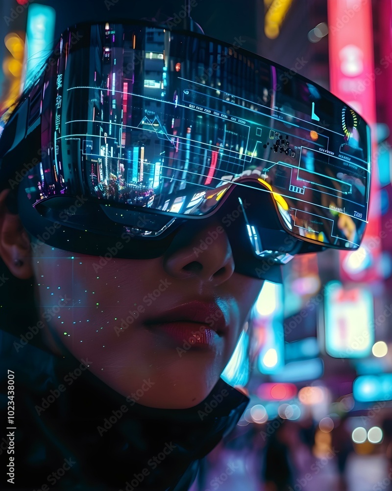 Futuristic woman wearing VR glasses reflecting neon city lights in a cyberpunk urban setting. Technology and virtual reality concept for posters and wallpapers Futuristic woman wearing VR glasses reflecting neon city lights in a cyberpunk urban setting. Technology and virtual reality concept for posters and wallpapers