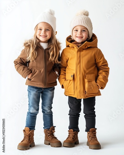 Two Happy Kids Winter Jackets Hats Boots Fashion AI