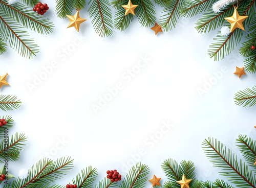 Fence of fir branches and golden stars on snow-blue background. Merry Christmas and happy New Year! Winter holiday template with space for text, suitable for greeting cards, invitations, banners and p