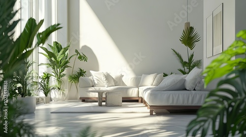 Modern minimalist living room interior with plants and natural light. 