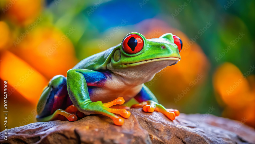 Fototapeta premium vibrant green frog with captivating red eyes sits on rock, showcasing its colorful skin against blurred, colorful background. This striking amphibian exudes sense of wonder and beauty