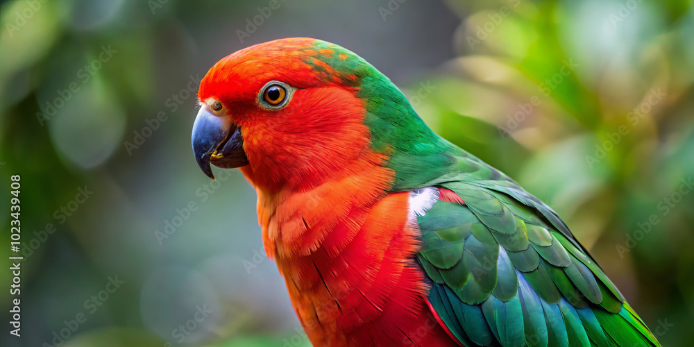 Vibrant Australian king parrot showcasing vivid red and green plumage, perched amidst lush greenery, exuding lively and captivating presence Vibrant Australian king parrot showcasing vivid red and green plumage, perched amidst lush greenery, exuding lively and captivating presence