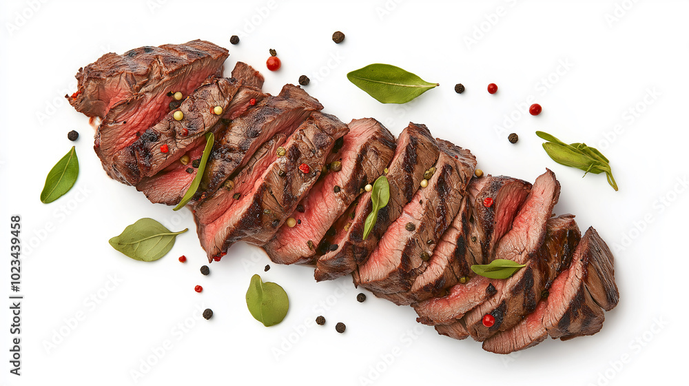 Sliced grilled beef steak lying on white background Sliced grilled beef steak lying on white background