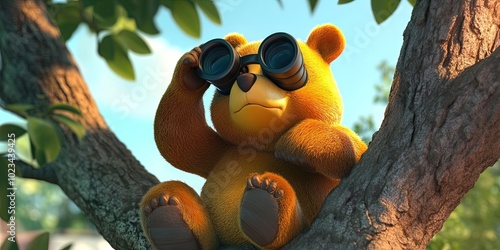3D cartoon animation bear with binoculars sitting in tree