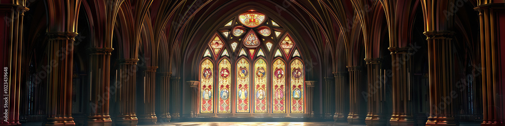 Fototapeta premium An ornate gothic archway, framing a European cathedral's stained-glass window, its rich burgundy and gold hues evoking a sense of ancient wisdom.