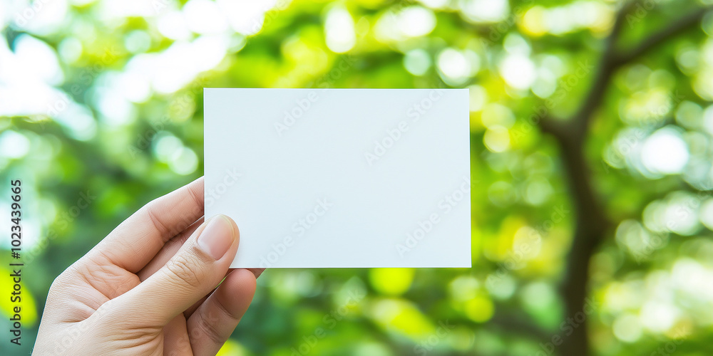 Hand holding empty white card on blurred green bokeh background Hand holding empty white card on blurred green bokeh background