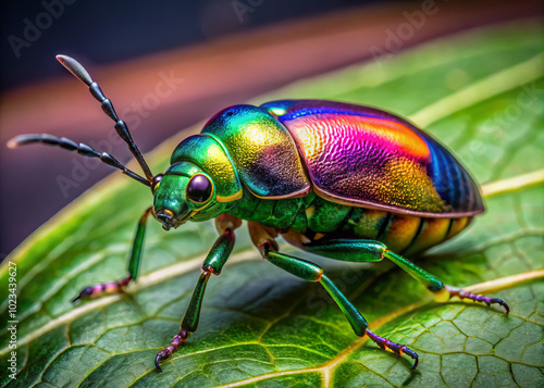 Wallpaper Mural vibrant jewel bug with iridescent exoskeleton rests on green leaf, showcasing its stunning colors and intricate details. This tropical insect captivates with its unique appearance and natural beauty Torontodigital.ca