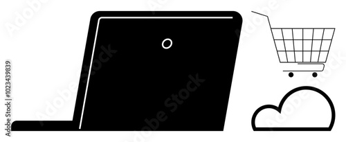 Silhouette of a laptop with a shopping cart on a cloud. Ideal for e-commerce online shopping digital marketing cloud computing and internet services. Simple minimalist style