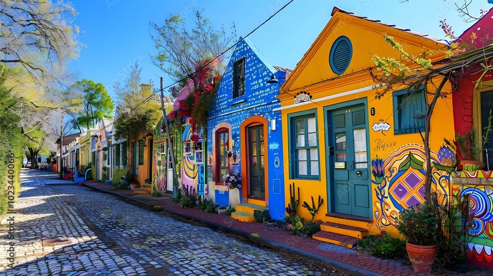 Obraz premium Colorful houses along a cobblestone street under a clear blue sky in a vibrant neighborhood. Cultural and architectural charm concept for posters and wallpapers