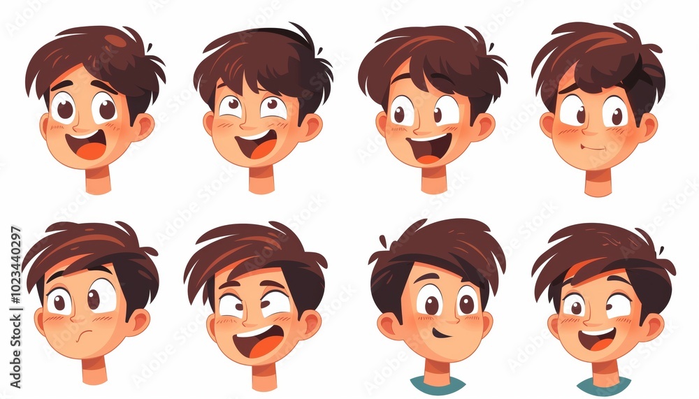 Cartoon boy's face with different facial expressions showing various emotions Cartoon boy's face with different facial expressions showing various emotions