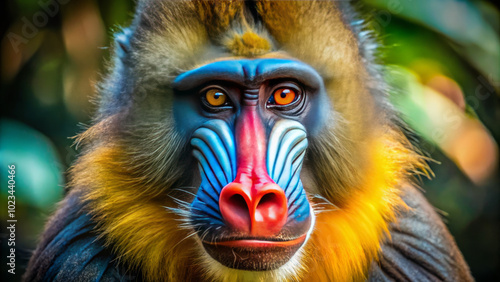 Majestic mandrill with vibrant blue and red facial features, showcasing its striking appearance in lush green environment. This captivating creature embodies beauty of wildlife