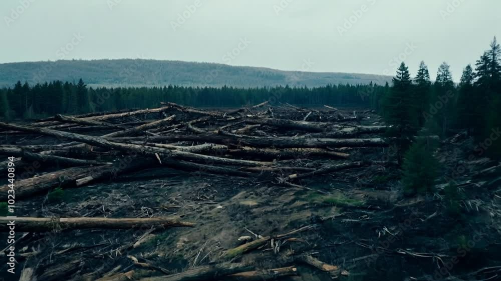 Aerial view forward over of a felled forest with fallen and uprooted , 4K Aerial view forward over of a felled forest with fallen and uprooted , 4K