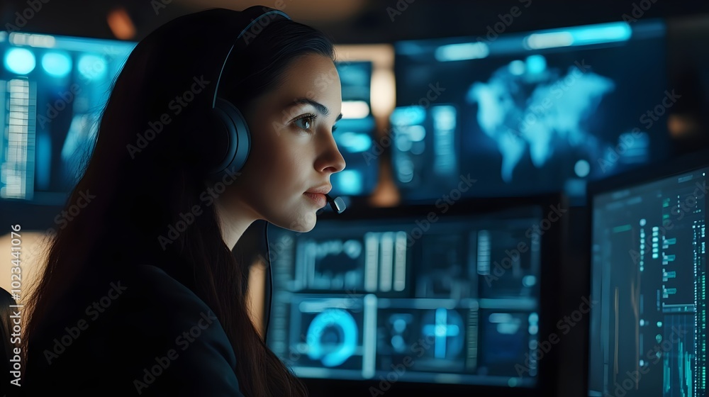 Naklejka premium Beautiful Female Data Scientist Works on Personal Computer Wearing a Headset in Big Infrastructure Control and Monitoring Room. IT expert in data center providing technical support to customers