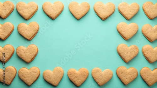 Heart shaped cookies background in pastel colors, symmetrical