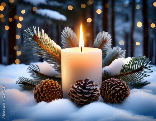 A glowing candle surrounded by snow and pine cones casts a warm light on a serene winter evening in the forest. Christmas and New Year background.