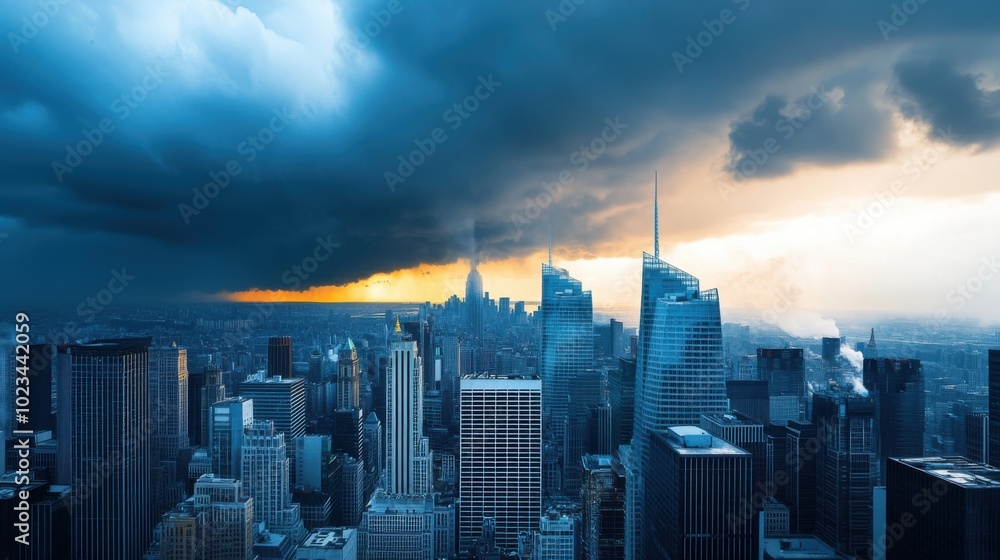 Skyline view of towering skyscrapers under a dramatic sky. Hurricane and storm. Skyline view of towering skyscrapers under a dramatic sky. Hurricane and storm.