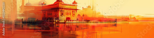 A vivid abstract rendering of an Indian gurdwara, its warm oranges and reds evoking the sacredness of the Sikh faith. photo