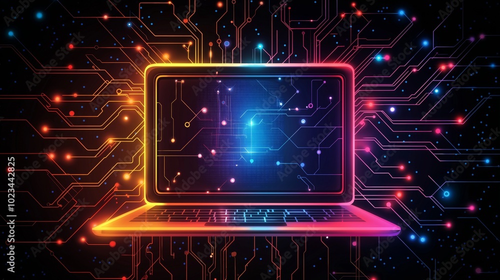 Fototapeta premium Futuristic laptop with glowing neon circuit lines on a dark background