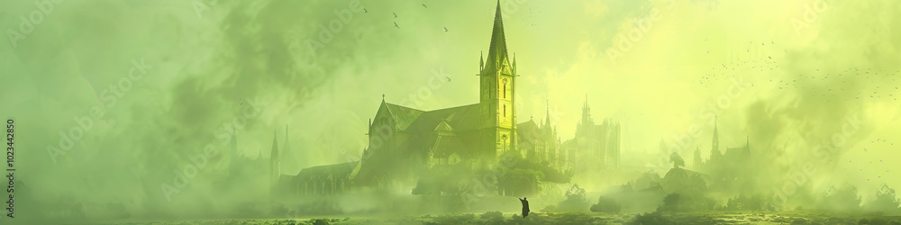 Fototapeta premium An ethereal European abbey emerges from a misty landscape, its pale green and gold hues creating an otherworldly ambiance.