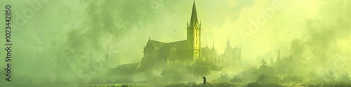 An ethereal European abbey emerges from a misty landscape, its pale green and gold hues creating an otherworldly ambiance.