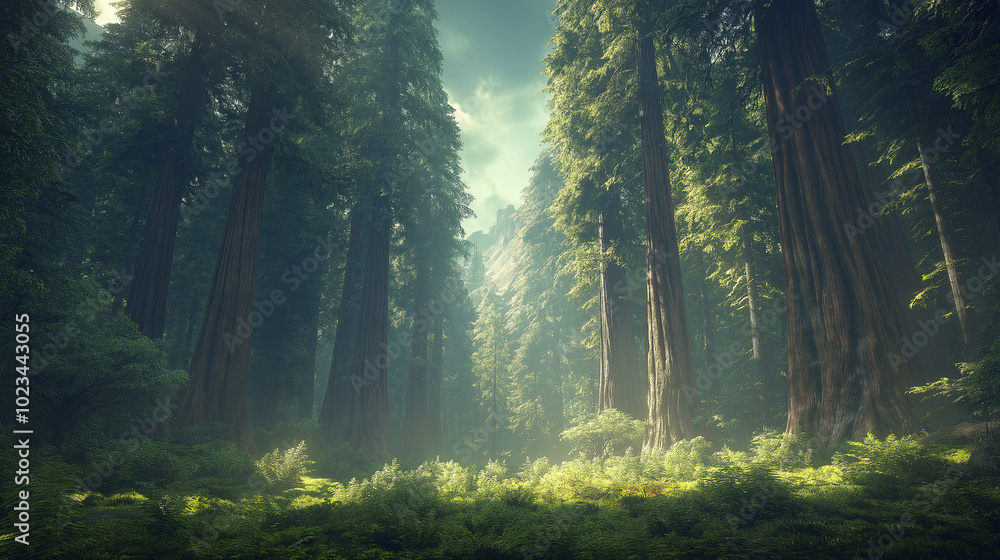 Obraz premium A photorealistic image showcasing the awe-inspiring grandeur of an ancient redwood forest, featuring towering trees with gnarled trunks and a dense canopy. Focus on the scale and majesty of these anci