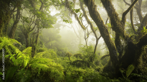 Light shining through fog in lush green fern forest