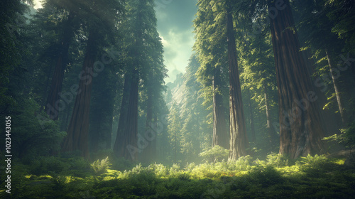 A photorealistic image showcasing the awe-inspiring grandeur of an ancient redwood forest, featuring towering trees with gnarled trunks and a dense canopy. Focus on the scale and majesty of these anci photo