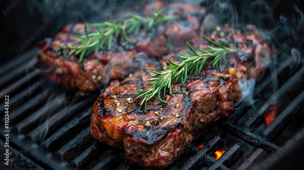 Sizzling Steak on the Grill: A close-up shot of succulent steaks grilling on a hot grill, adorned with fresh rosemary sprigs, releasing tantalizing aromas. Sizzling Steak on the Grill: A close-up shot of succulent steaks grilling on a hot grill, adorned with fresh rosemary sprigs, releasing tantalizing aromas.