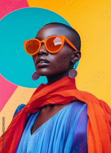 A portrait of an african woman showcasing orange sunglasses, a vivid scarf, and a colorful background in a modern style.