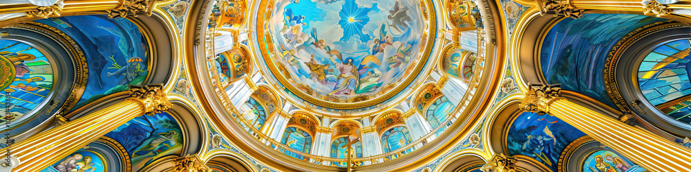 Obraz premium An intricate mosaic of a European cathedral adorns a domed ceiling, its vibrant blues and golds reflecting the serenity of prayer.
