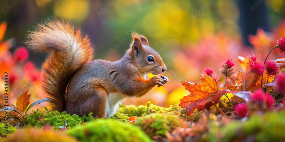 Obraz premium red squirrel foraging for food amidst vibrant autumn foliage, surrounded by colorful leaves and soft moss, creates serene and lively scene in nature