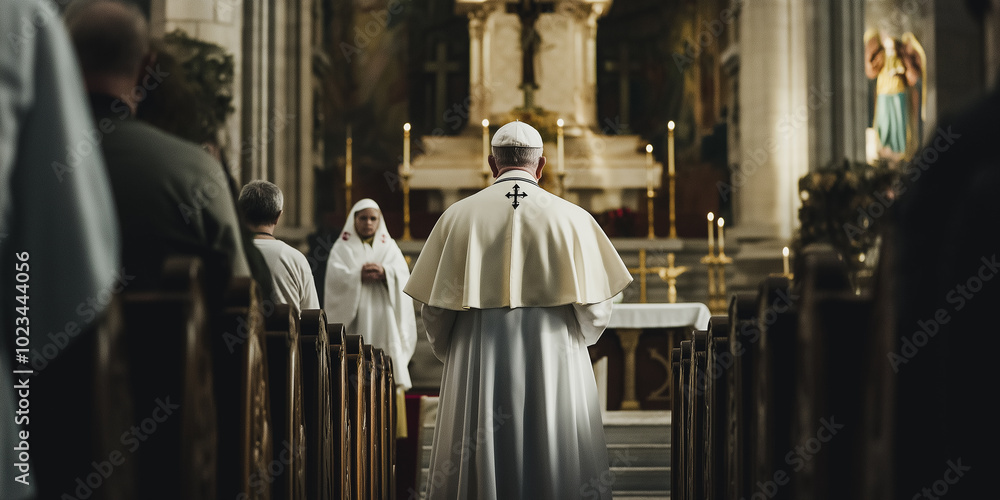 Pope wearing white robe praying in church with people attending mass Pope wearing white robe praying in church with people attending mass