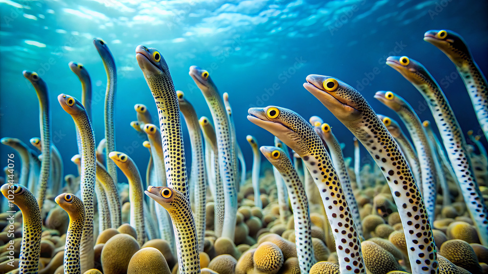 Whitespotted garden eels gracefully sway in ocean, creating mesmerizing ...