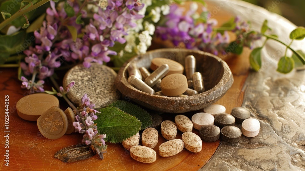 Herbal Supplements and Natural Remedies: A rustic still life showcasing a variety of herbal supplements and natural remedies, nestled amongst fragrant lavender and other herbs. Herbal Supplements and Natural Remedies: A rustic still life showcasing a variety of herbal supplements and natural remedies, nestled amongst fragrant lavender and other herbs.