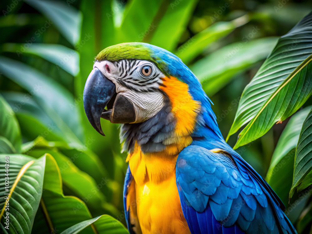 vibrant blue macaw bird with bright yellow and green feathers perched among lush green leaves, showcasing its striking colors and unique features