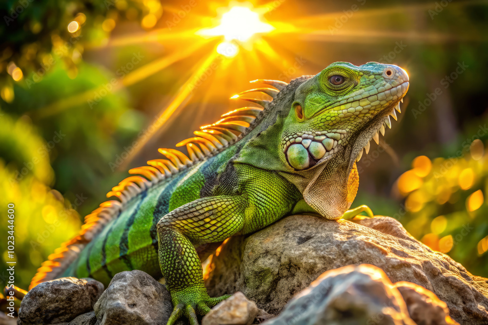 vibrant green iguana basks on rock, illuminated by warm glow of sun setting in background. scene captures beauty of nature and serene presence of this reptile vibrant green iguana basks on rock, illuminated by warm glow of sun setting in background. scene captures beauty of nature and serene presence of this reptile