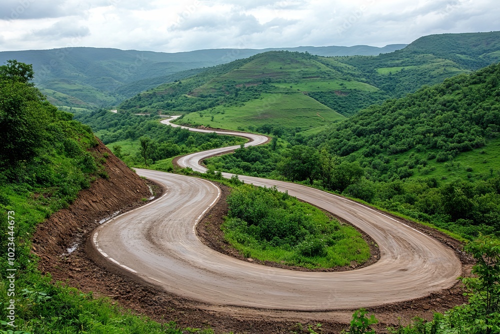 Winding Mountain Road with Numerous Turns Surrounded by Lush Greenery Winding Mountain Road with Numerous Turns Surrounded by Lush Greenery