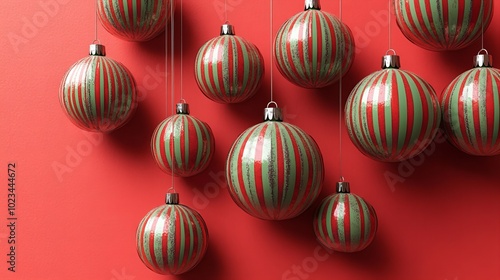 Red and green striped ornaments hanging against a red background. Festive holiday decor.