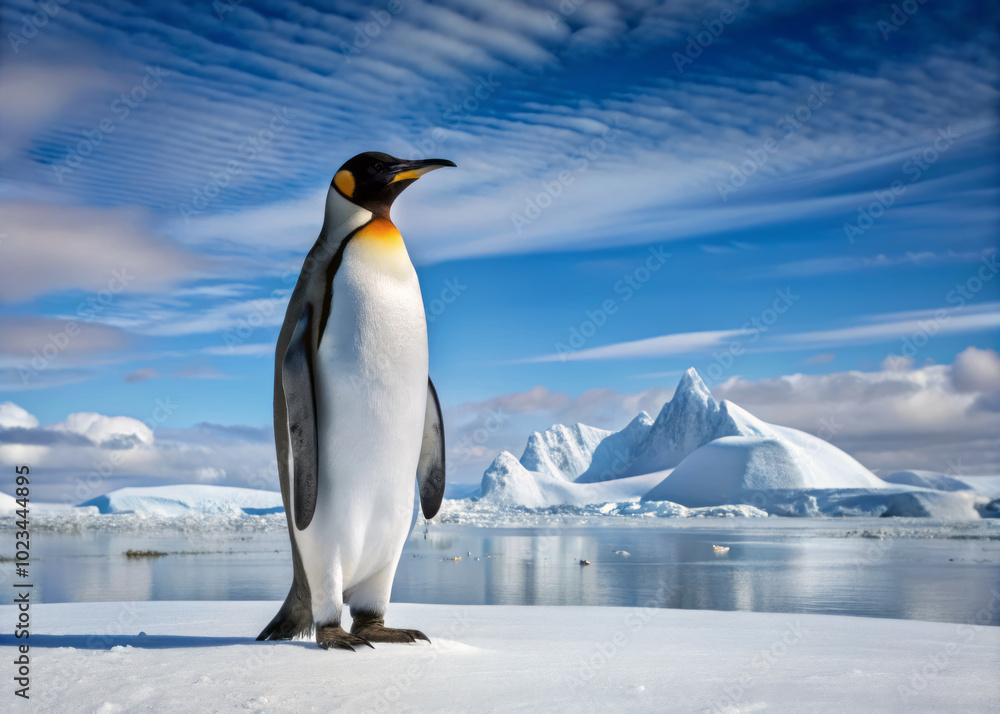 Fototapeta premium Majestic emperor penguin standing tall on pristine Antarctic ice, surrounded by stunning icy landscapes and clear blue sky, showcasing beauty of nature