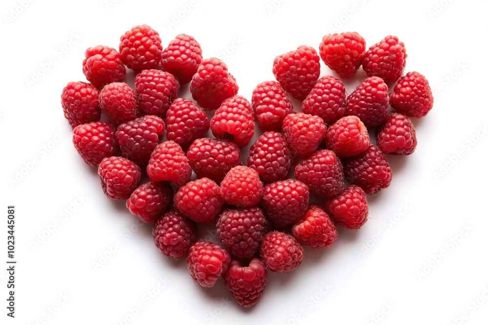 Heart-shaped raspberry on white background aerial view Heart-shaped raspberry on white background aerial view